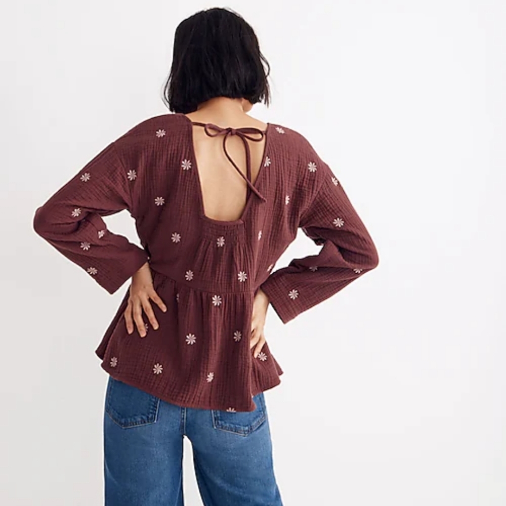 NWT Madewell Embroidered Lightspun Peplum Open-Back Top